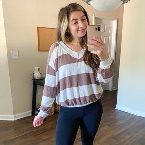 long sleeve purple & white rugby stripe top sz S